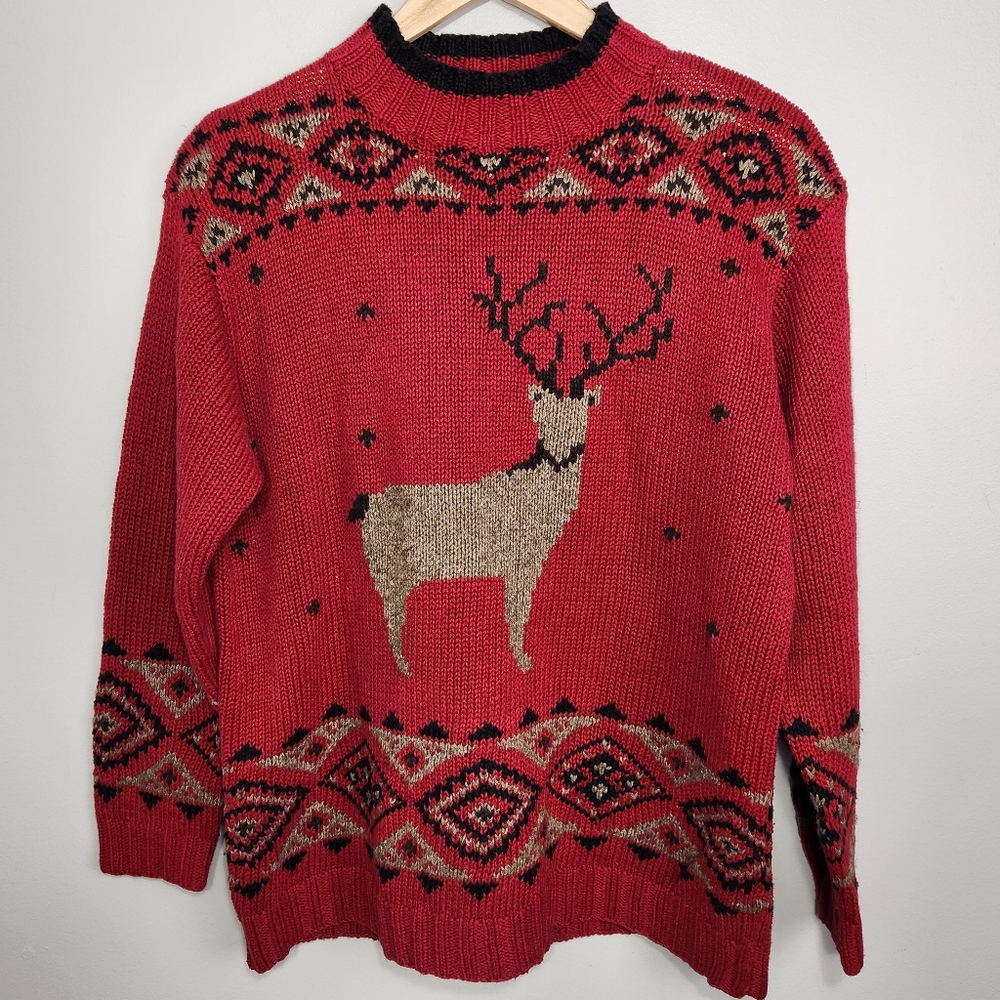 VTG 90s Eddie Bauer Knitted by Hand Reindeer Sweater Size Med red outdoor